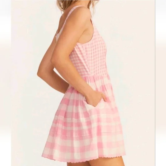 LoveShackFancy Chennedy Gingham Pleated Mini Dress In Pink Size 6 - Picture 6 of 13